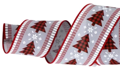 Buffalo Plaid Trees 2.5" by 2 yds Gray Wired Ribbon Snowflakes Winter Farmhouse - Image 1 of 4