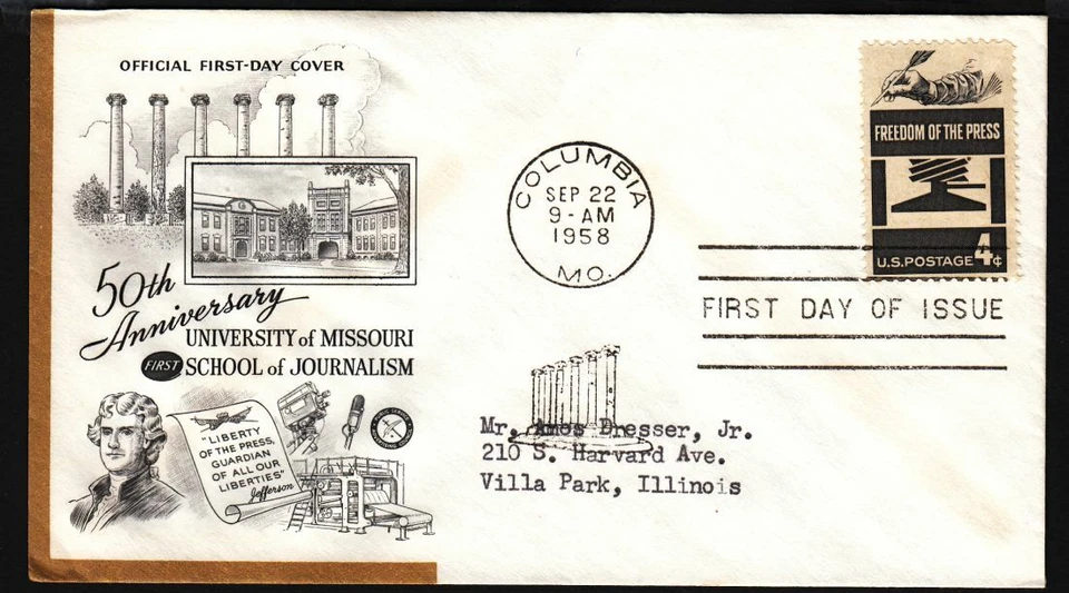 1958 Freedom of Press Sc 1119-15 Univ Missouri Journalism 1st cachet - Image 1 of 1