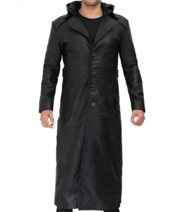 Men’s Black Long Trench Coat – Genuine Lamb Skin Leather Full Length Hooded Coat - Picture 1 of 15