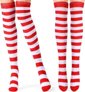 2 Pack Red White Striped Long Socks Thigh High Candy Cane Stripes Sock Over Knee - Picture 1 of 5