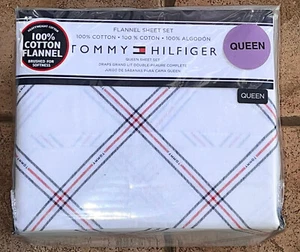 TOMMY HILFIGER QUEEN SIZE FLANNEL SHEET SET - WINDOWPANE DESIGN RED WHITE BLUE - Picture 1 of 3