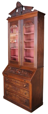 Monumental Antique Victorian Eastlake Walnut Secretary Desk & Bookcase Cabinet Cover