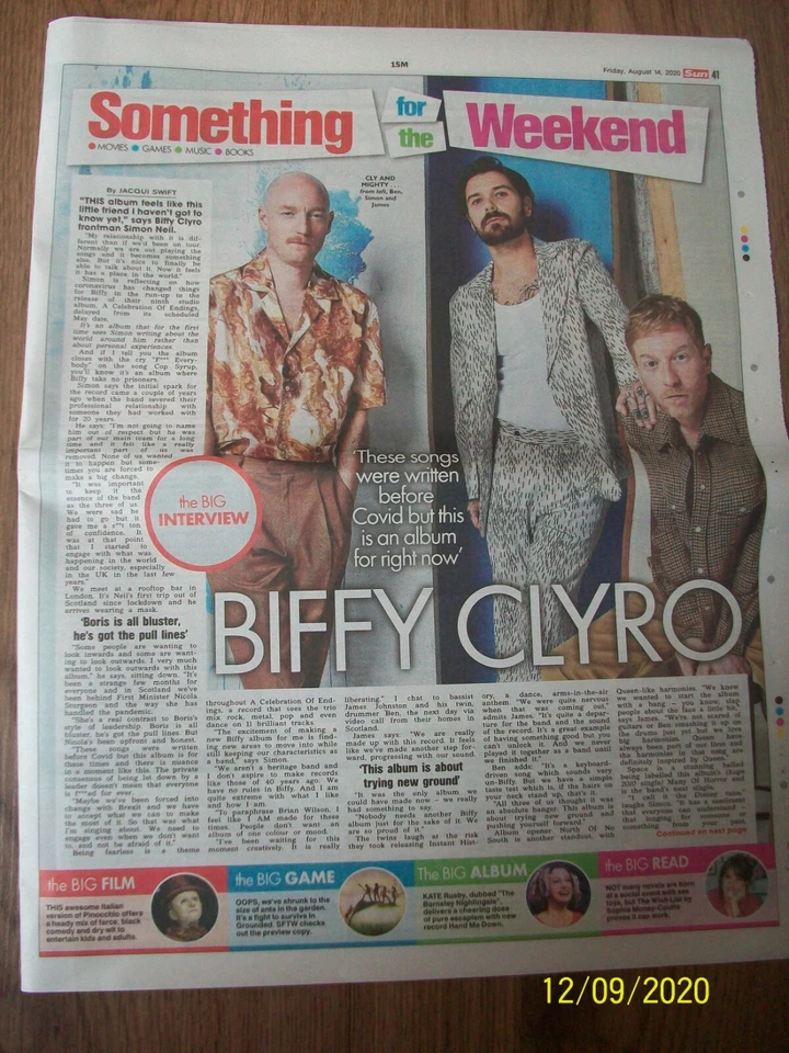 SOMETHING FOR THE WEEKEND Friday August 14 2020 BIFFY CLYRO Front Cover The Sun - Image 1 of 1