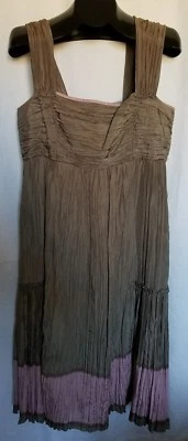 PERUVIAN CONNECTION Sz 10 Brown Pink Pleated Crinkle 100% Silk Dress Sleeveless - Imagem 1 de 4