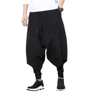 Men's Harem Pants, Baggy Wide Leg Hip Hop Pants, Cotton A-Black - Picture 1 of 4