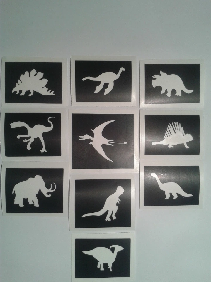 DAZZLE GLITTER TATTOOS Dinosuar themed stencils for glitter tattoos / face paint T Rex raptor mammoth