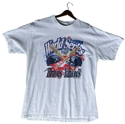 Vintage 1999 Atlanta Braves Vs New York Yankees World Series MLB Blue T Shirt L - Image 1 of 4