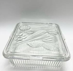 Vintage Federal Ribbed Clear Glass Square Refrigerator Dish w/Veggie Lid - Picture 1 of 13