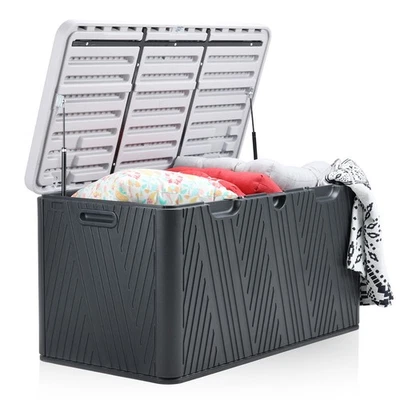 Organizador de cofre de patio de almacenamiento para terraza exterior de 85 galones con varillas de aire tapa bloqueable Foto 1 de 4