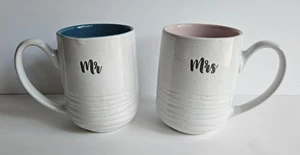 Sheffield Home Mug Mr. & Mrs. in fancy script Oatmeal / Teal Blue & Pink - Picture 1 of 10