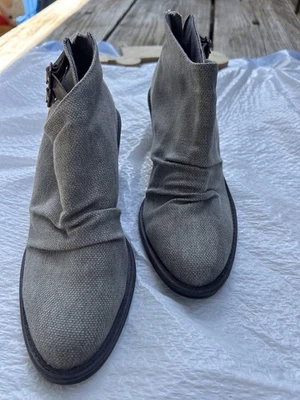 Blowfish Malibu Grey Canvas Ruched Ankle Boots Side Zip Block Heel Women's - Image 1 of 4