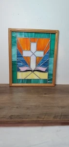 Antique Vintage Leaded Stained Glass CROSS Window Pane Panel Wall Hanging 12X15" - Picture 1 of 9