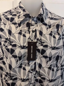 Camisa Michael Kors Azul Marino y Blanco Gráfico Patrón de Hojas Algodón Para Hombres Talla Med Nueva Con Etiquetas - Imagen 1 de 9