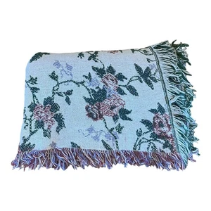 Vintage Floral Blanket Woven Fringe Made In USA 68”x44” - Picture 1 of 5