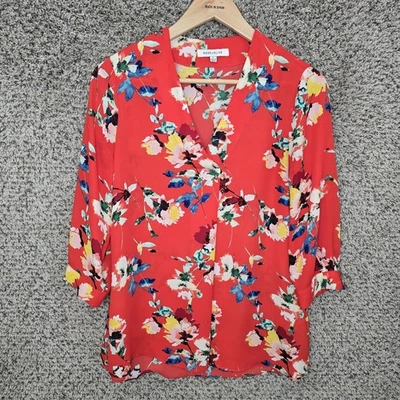 玫瑰和橄榄上衣女式小号红色花卉印花 V 领衬衫半透明女士 — 第 1/4 张图片