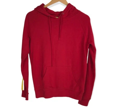 Zine Unisex Red Hoodie Yellow White Stripe Sleeve Size Small - Imagem 1 de 4