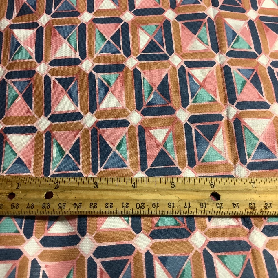 Cotton Fabric Geometric Pattern Brown Pink Blue Green & White 32” X 54” - Image 1 of 1