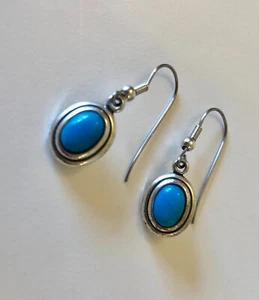 Vintage Southwest William Wheeler Sterling Silver Turquoise Oval Dangle Earrings - Picture 1 of 5