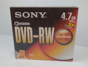 Sony DVD RW Blank Disc, 5 Pack, 1-4x 120min (4.7GB) - New & Sealed - Picture 1 of 8