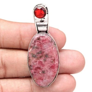 Pendant Rhodonite Garnet Gemstone Handmade Mother'Day Silver Jewelry 2" - Picture 1 of 5