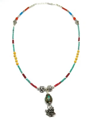 Turquoise, Coral, Amber Gemstone Tibetan 925 Sterling Silver Necklace Jewelry - Image 1 of 4