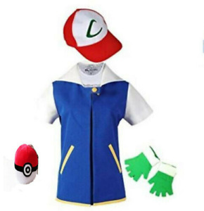 Adult Pokemon Ash Ketchum Trainer Costume Cosplay Shirt Jacket + Gloves + Hat 