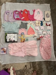 Baby Girl Lot-Bibs, 5 Hats,2 Sleep sacks,Tie Chair,& Socks-34 Items - Picture 1 of 13