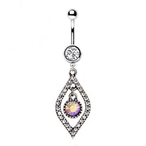 Belly Ring Fancy Teardrop w/Aurora & Clear Gems Dangle Naval Steel - Picture 1 of 3