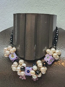 VENETIAN SQUARE WEDDING CAKE BEAD CULTURED PEARL CRYSTAL AND STERLING NECKLACE - Picture 1 of 9