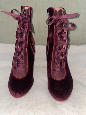 Chelsea Crew, Maroon Velvet Lace-Up Mid-Calf Booties, Size 37 EU, 6.5 US - Image 1 of 4