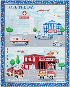 3 Yards Cotton Fabric - Benartex Save the Day First Responder Heroes Panel Glow - Picture 1 of 1