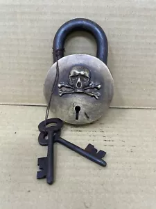 Skull and Bones Pirate Padlock Brass Lock, Antique Finish with 2 Keys - Picture 1 of 5