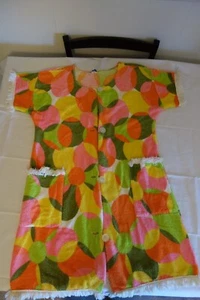 Vintage 60s 70s Hippie Mod Terry Cloth Fringe Towel Bright Floral Dress Small - Picture 1 of 7