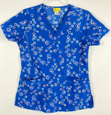 WonderWink Scrub Top Size XS Blue Dots Stars 6217A Nursing Medical Uniform - Image 1 of 4