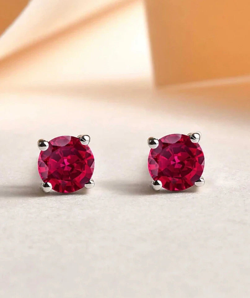 4 CT LAB CREATED RED RUBY STUD EARRINGS 14K WHITE GOLD ROUND CUT 7MM PUSH BACK - Image 1 of 4