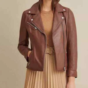 Ladies Biker Leather Jacket – Brown Leather jacket for women, a stylish - Picture 1 of 3