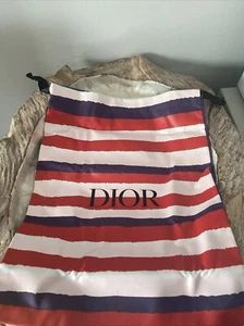 DIOR COTTON STRIPED DRAWSTRING TOTE BAG ROUGE/RED & ROSE PINK LARGE 35CM X 26CM - Picture 1 of 6