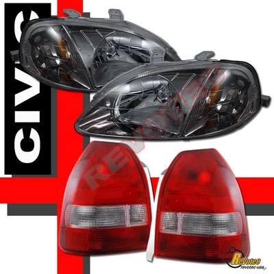 Faros Gunmetal + Luces Traseras Rojo Transparente para 99-00 Honda Civic 3 puertas Hatchback Foto 1 de 4