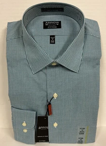 Arrow Men's Dress Shirt Fitted Wrinkle Free size 16 L 32/33 NEW Green CheckLake - Picture 1 of 4