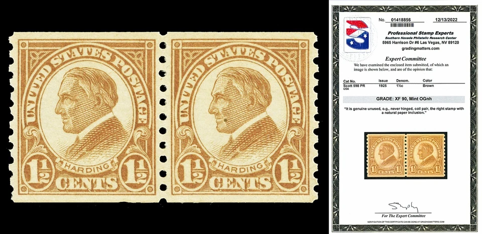 Scott 598 1925 1½c Harding Coil Issue Mint Pair Graded XF 90 NH with PSE CERT! - Изображение 1 из 1
