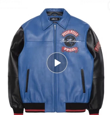 Jaqueta masculina de couro Pelle Pelle World Tour preta azul nova com etiquetas - Imagem 1 de 2