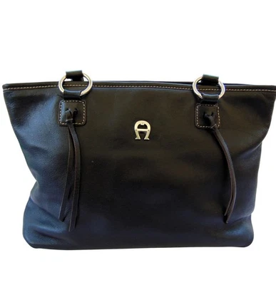 Etienne Aigner Black Leather Tote Bag – Contrast Stitching–Silver Logo–Classic - Image 1 of 4