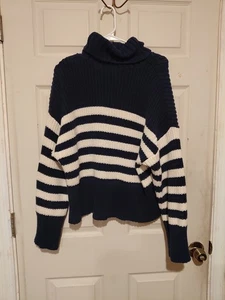 Madewell Wide Rib Turtleneck Sweater Indigo Stripe Sz MEDIUM Chunky Warn Knit - Picture 1 of 11