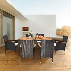 7 Piece Patio Dining Set Acacia Wood Table Rattan Chairs Cushions for Garden - Picture 1 of 12