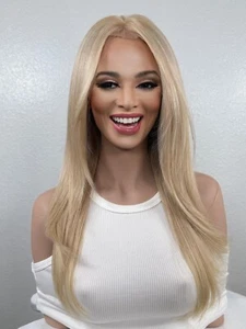 Beige Blonde Hair Wig, Long Layered Curtain Bangs, Straight - Picture 1 of 10