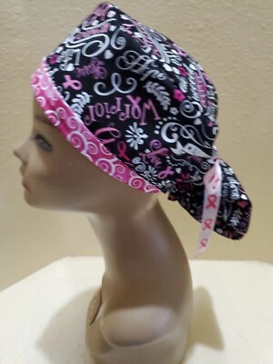 Breast Cancer Words (black) Women's Ponytail Surgical Scrub Hat/Cap Handmade - Image 1 of 4