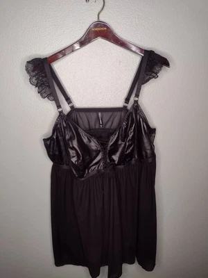 Torrid Babydoll 内衣睡衣 4 黑色网眼人造皮革花边无线 A2 — 第 1/4 张图片