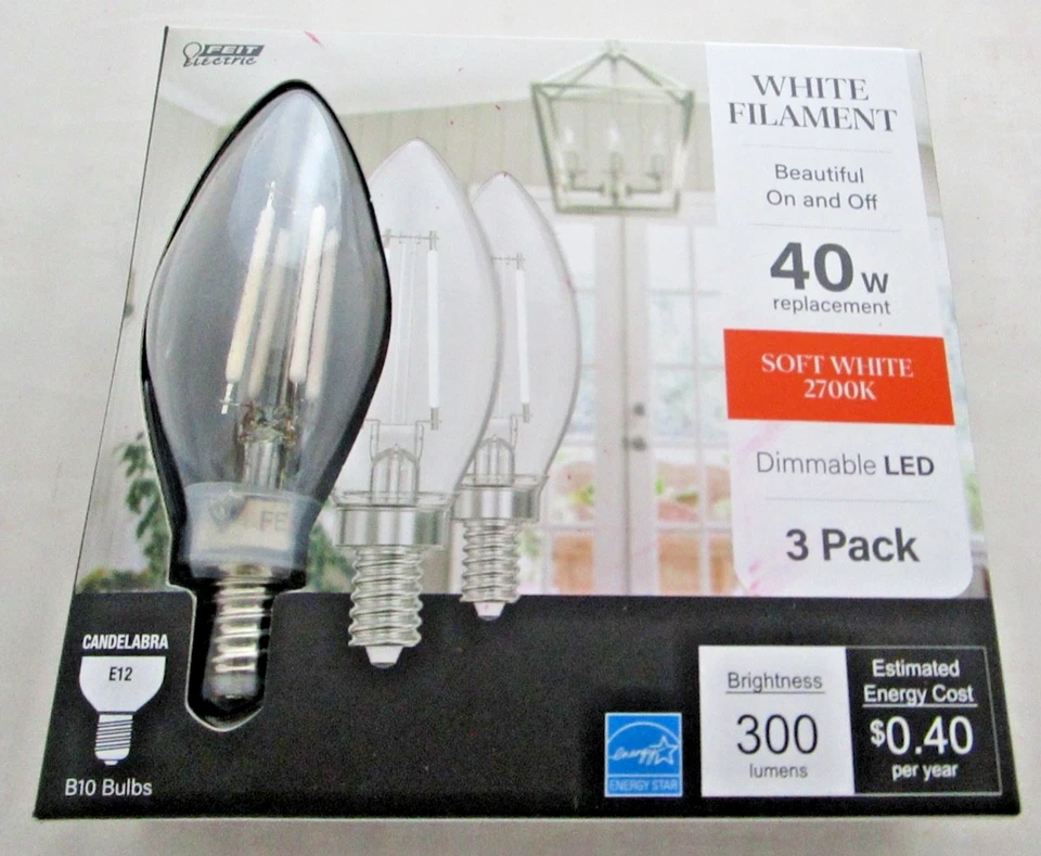 (3-Pk) Feit Electric B10 E12 Candelabra Dim White Filament Clear Glass NEW - Image 1 of 2