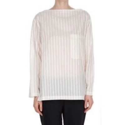 Theory Mediana Camisa Blusa Algodón Marfil Rayas Bolsillo Cuello Barco Beige Manga Larga Foto 1 de 4