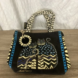Laurel Burch Small 2 Cat Canvas Bag Hand Bag Tote & Charm - Picture 1 of 9